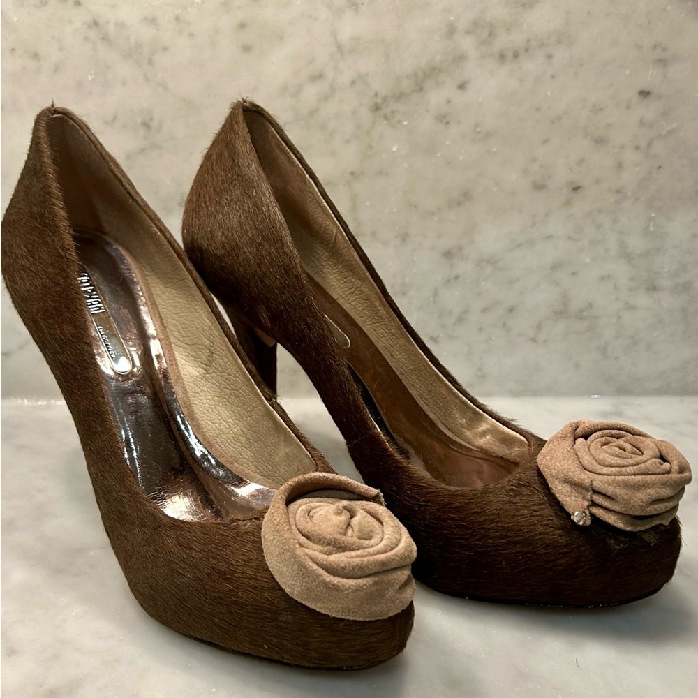 Brown High Heel Pony Hair Pumps with Floral Accent